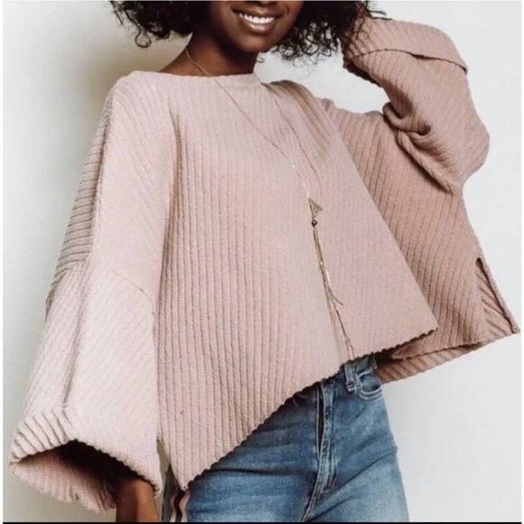Free People Pink I Can’t Wait Cropped Cuff Oversized Sweater Rose Pink Women's L - Picture 2 of 15